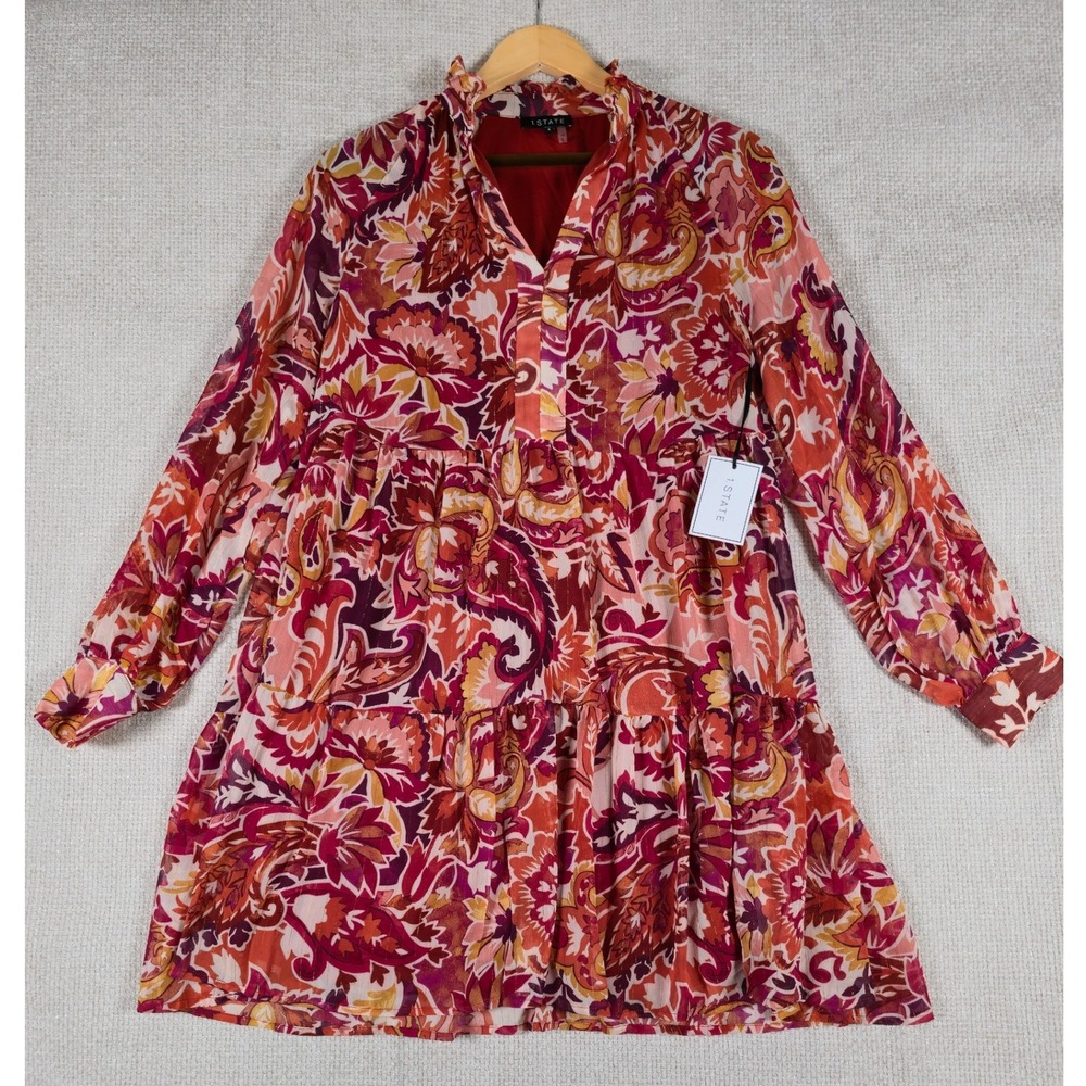 1 STATE Womens Dress S Paisley Floral Print Long Sleeve Tiered Ruffle Neck NWT